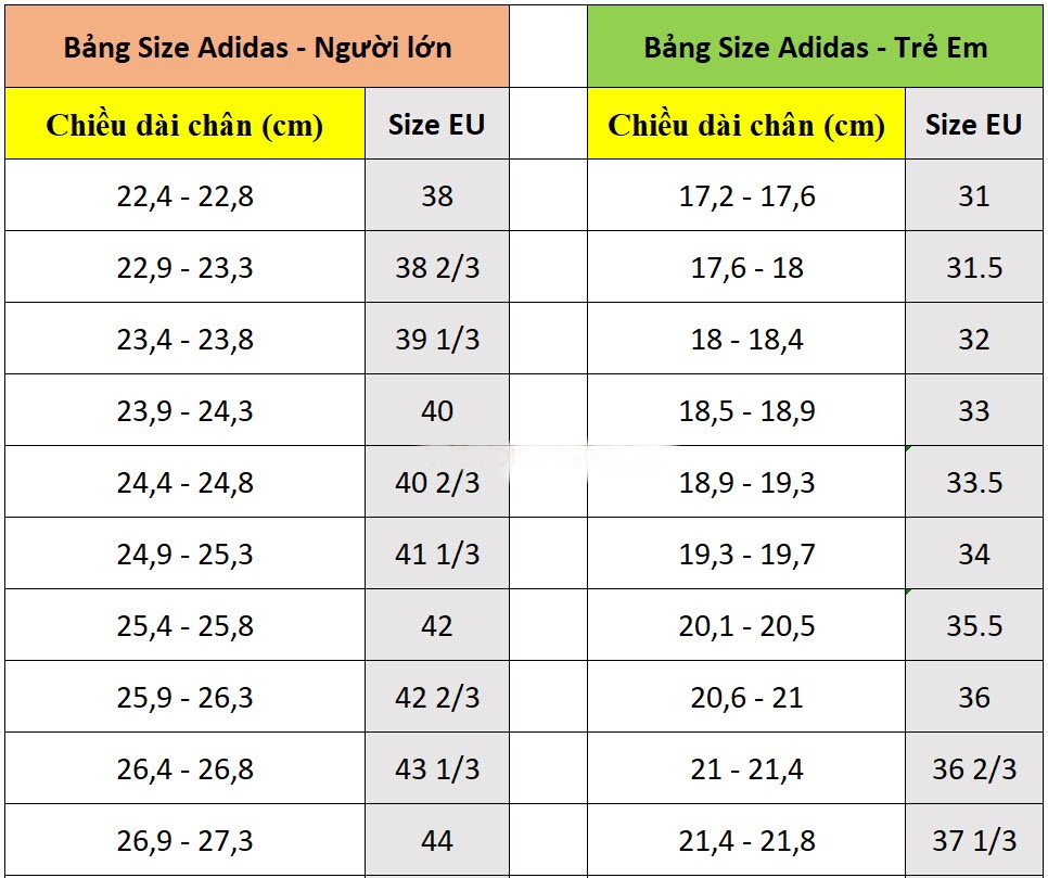 bảng size giày bóng đá adidas