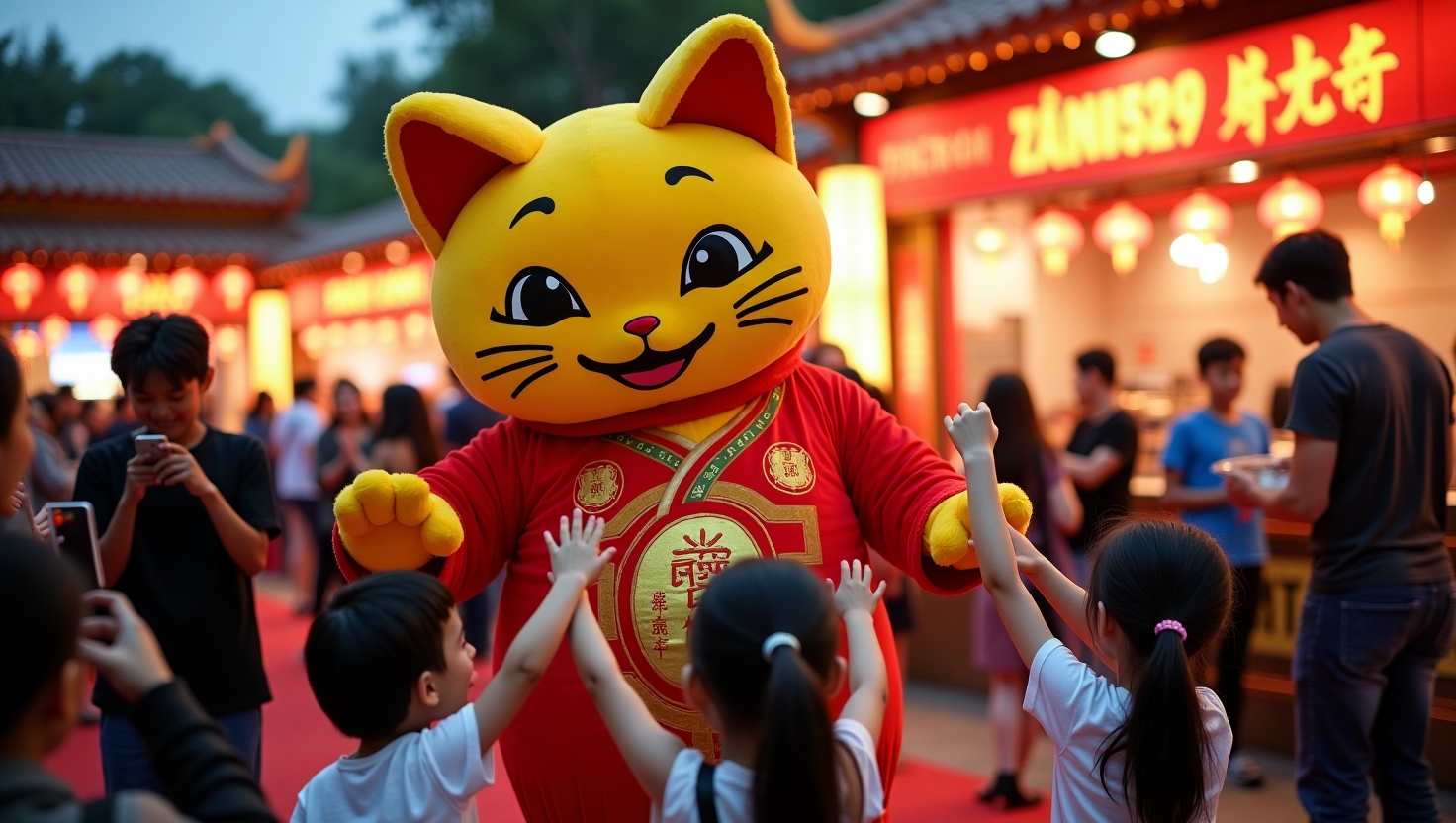 mascot mèo thần tài giao lưu với trẻ em