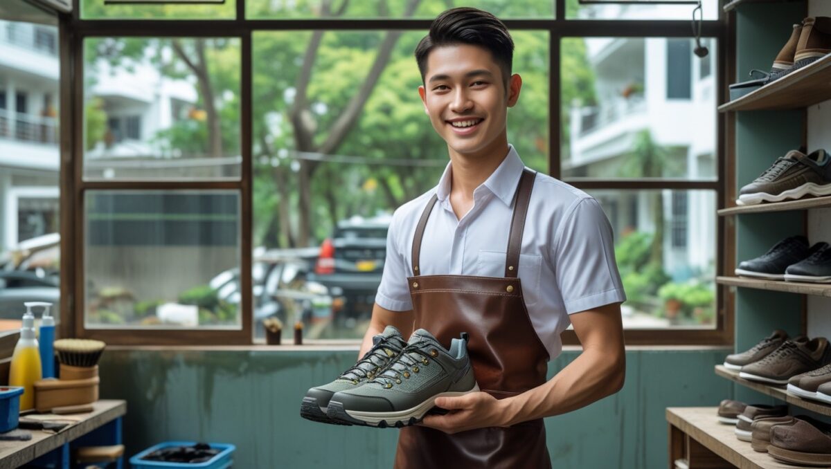 Nhân viên DrClean247 tại tiệm giặt giày khu 7.2ha Vĩnh Phúc đang cầm đôi giày hiking sạch sẽ, tự tin phục vụ cư dân khu chung cư.