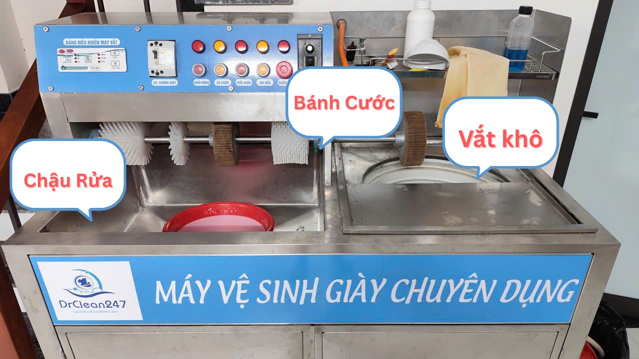 Cấu tạo máy vệ sinh giày chuyên dụng DrClean247 với 3 cụm chính: bánh cước, chậu rửa và bộ phận vắt khô