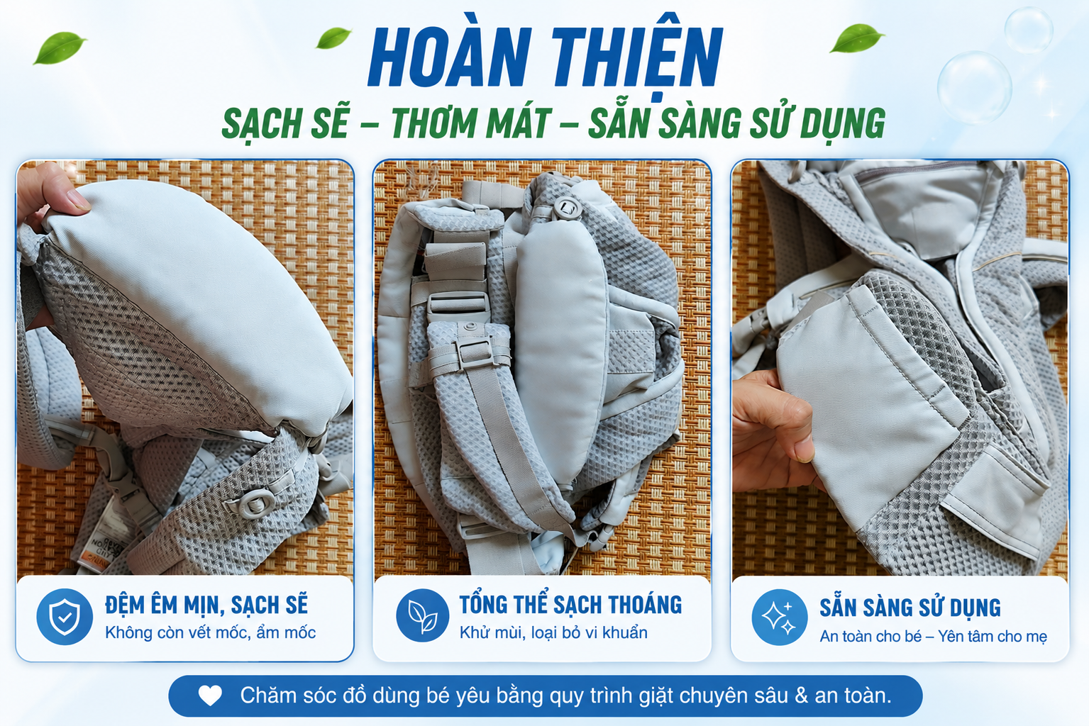Địu em bé bị mốc đã được DrClean247 xử lý sạch hoàn toàn các vết mốc, giặt sạch và phục hồi thẩm mỹ trước khi bàn giao cho khách hàng.
