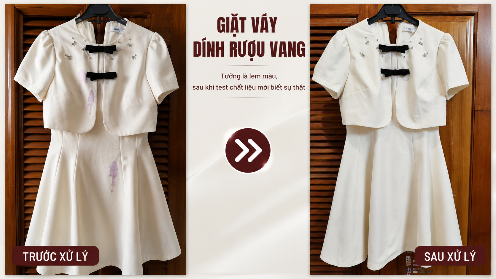 Giặt váy bị dính rượu vang trước và sau khi xử lý – Kết quả thực tế sau khi kiểm tra chất liệu và xử lý vết bẩn chuyên sâu.